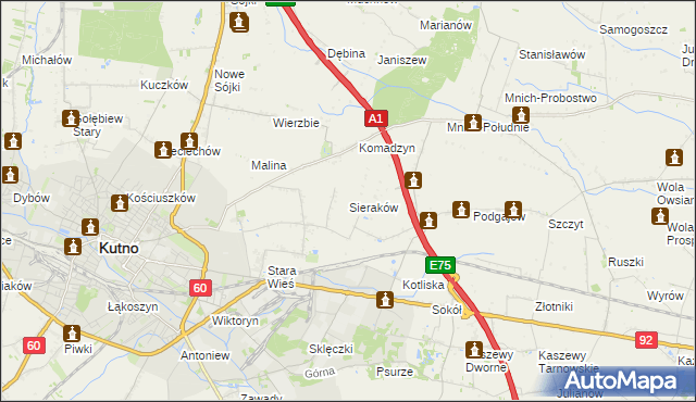 mapa Sieraków gmina Kutno, Sieraków gmina Kutno na mapie Targeo