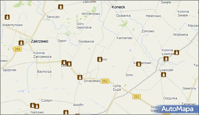 mapa Sinki gmina Zakrzewo, Sinki gmina Zakrzewo na mapie Targeo