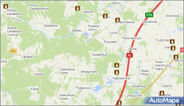 mapa Siódemka gmina Kamieńsk, Siódemka gmina Kamieńsk na mapie Targeo