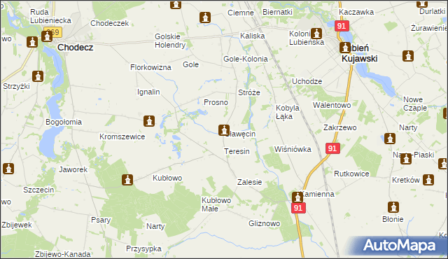 mapa Sławęcin gmina Lubień Kujawski, Sławęcin gmina Lubień Kujawski na mapie Targeo