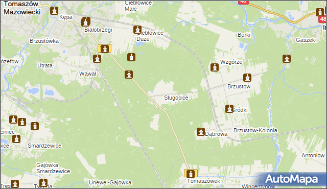 mapa Sługocice gmina Tomaszów Mazowiecki, Sługocice gmina Tomaszów Mazowiecki na mapie Targeo