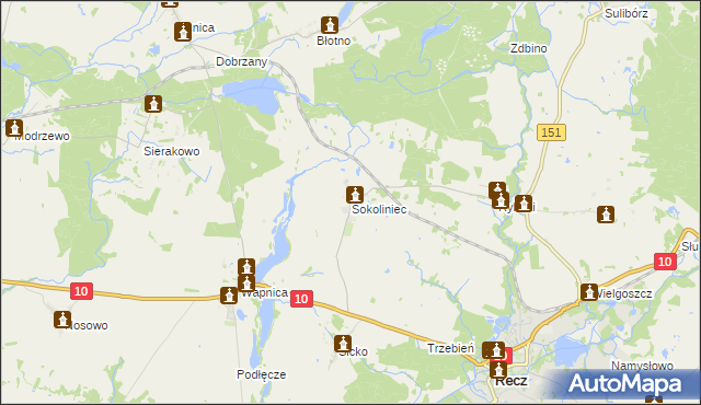 mapa Sokoliniec gmina Recz, Sokoliniec gmina Recz na mapie Targeo