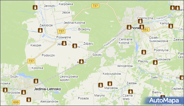 mapa Sokoły gmina Pionki, Sokoły gmina Pionki na mapie Targeo