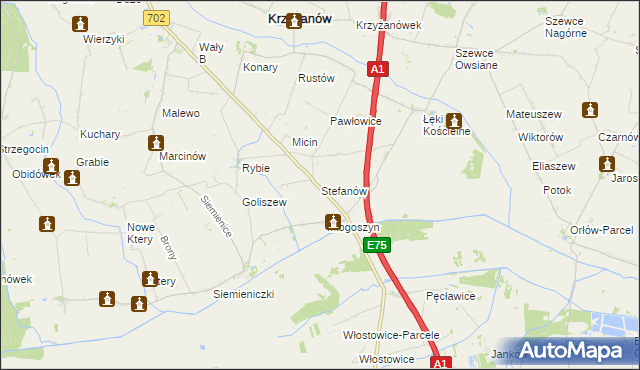 mapa Stefanów gmina Krzyżanów, Stefanów gmina Krzyżanów na mapie Targeo