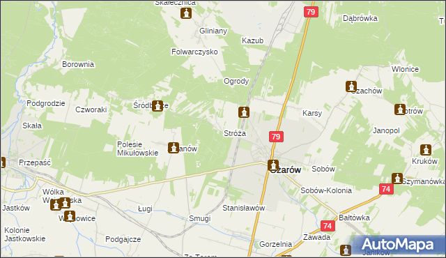 mapa Stróża gmina Ożarów, Stróża gmina Ożarów na mapie Targeo