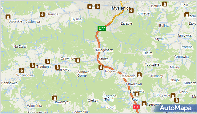 mapa Stróża gmina Pcim, Stróża gmina Pcim na mapie Targeo