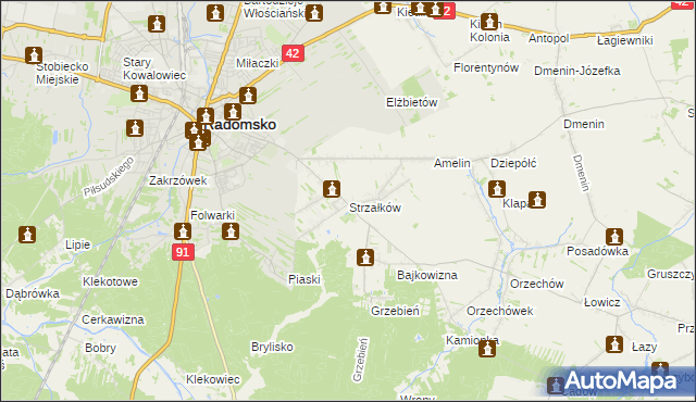 mapa Strzałków gmina Radomsko, Strzałków gmina Radomsko na mapie Targeo