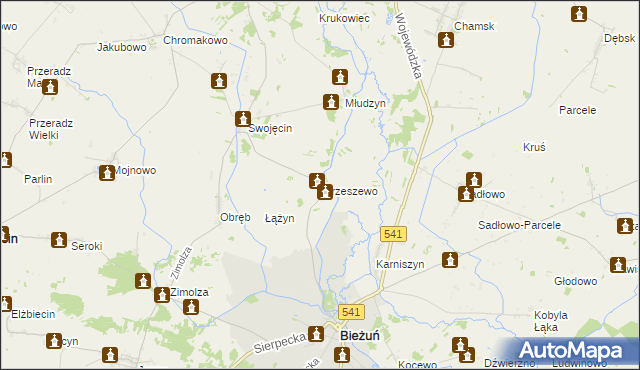 mapa Strzeszewo gmina Bieżuń, Strzeszewo gmina Bieżuń na mapie Targeo