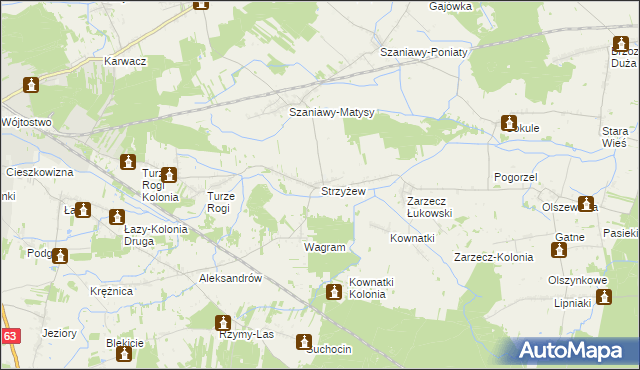 mapa Strzyżew gmina Łuków, Strzyżew gmina Łuków na mapie Targeo