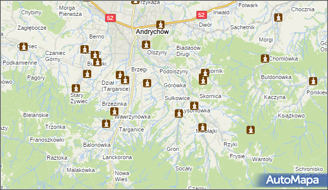 mapa Sułkowice gmina Andrychów, Sułkowice gmina Andrychów na mapie Targeo