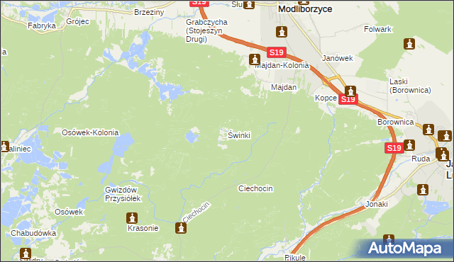 mapa Świnki gmina Modliborzyce, Świnki gmina Modliborzyce na mapie Targeo