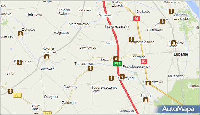 mapa Tadzin gmina Lubanie, Tadzin gmina Lubanie na mapie Targeo