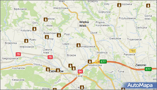 mapa Tomaszowice gmina Wielka Wieś, Tomaszowice gmina Wielka Wieś na mapie Targeo