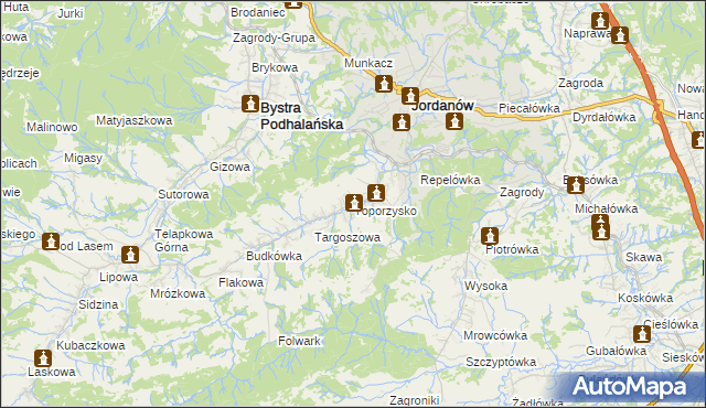 mapa Toporzysko gmina Jordanów, Toporzysko gmina Jordanów na mapie Targeo