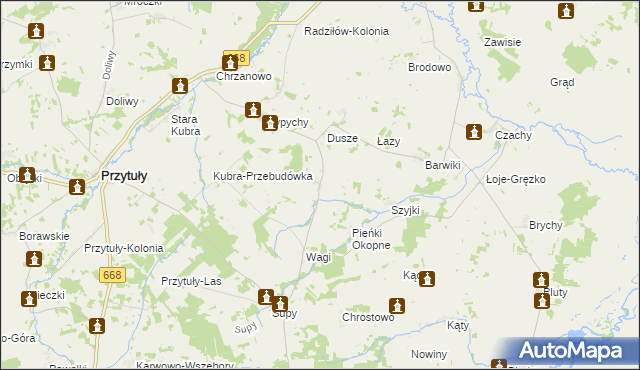 mapa Trzaski gmina Przytuły, Trzaski gmina Przytuły na mapie Targeo