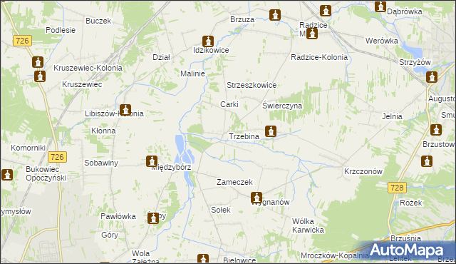 mapa Trzebina gmina Drzewica, Trzebina gmina Drzewica na mapie Targeo