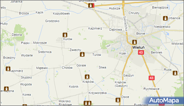 mapa Turów gmina Wieluń, Turów gmina Wieluń na mapie Targeo