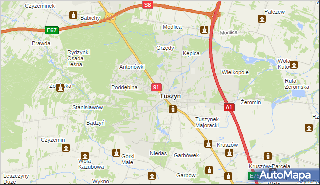 mapa Tuszyn powiat łódzki wschodni, Tuszyn powiat łódzki wschodni na mapie Targeo