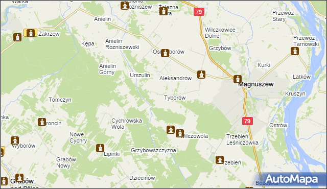 mapa Tyborów gmina Magnuszew, Tyborów gmina Magnuszew na mapie Targeo