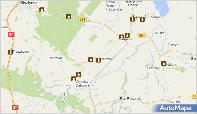 mapa Unikowo gmina Bisztynek, Unikowo gmina Bisztynek na mapie Targeo