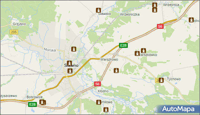 mapa Warszkowo gmina Sławno, Warszkowo gmina Sławno na mapie Targeo