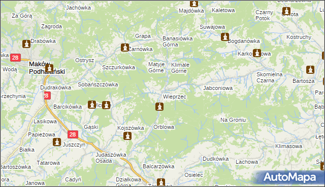 mapa Wieprzec gmina Maków Podhalański, Wieprzec gmina Maków Podhalański na mapie Targeo