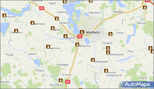 mapa Wierzbnica gmina Myślibórz, Wierzbnica gmina Myślibórz na mapie Targeo