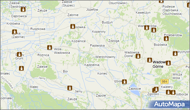 mapa Wierzchowiny gmina Wadowice Górne, Wierzchowiny gmina Wadowice Górne na mapie Targeo