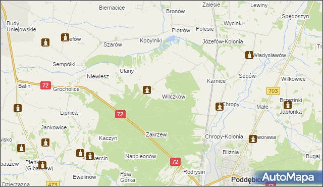 mapa Wilczków gmina Poddębice, Wilczków gmina Poddębice na mapie Targeo