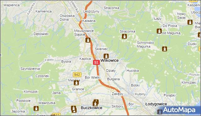 mapa Wilkowice powiat bielski, Wilkowice powiat bielski na mapie Targeo