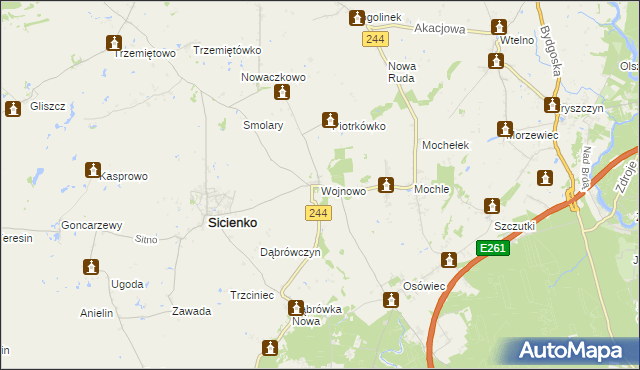 mapa Wojnowo gmina Sicienko, Wojnowo gmina Sicienko na mapie Targeo