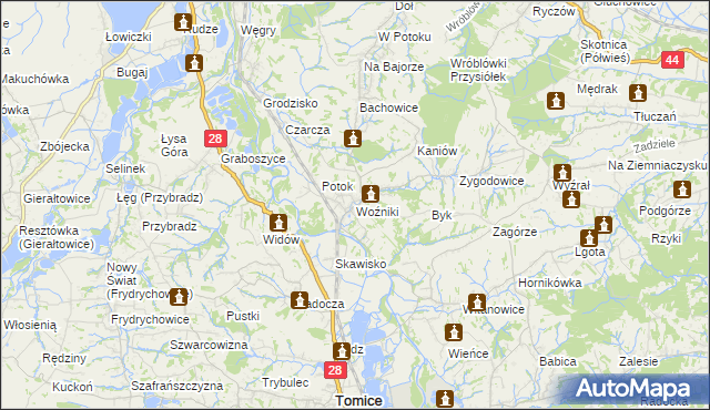 mapa Woźniki gmina Tomice, Woźniki gmina Tomice na mapie Targeo