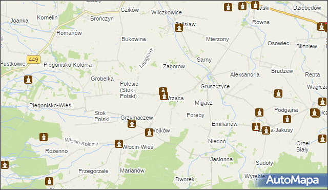 mapa Wrząca gmina Błaszki, Wrząca gmina Błaszki na mapie Targeo