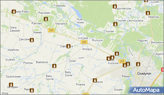 mapa Wrząca gmina Gostynin, Wrząca gmina Gostynin na mapie Targeo