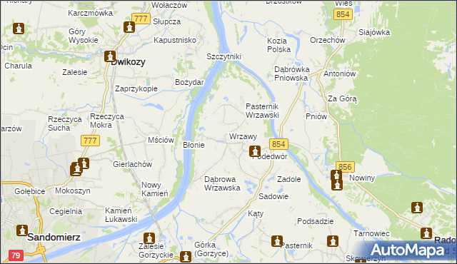 mapa Wrzawy gmina Gorzyce, Wrzawy gmina Gorzyce na mapie Targeo