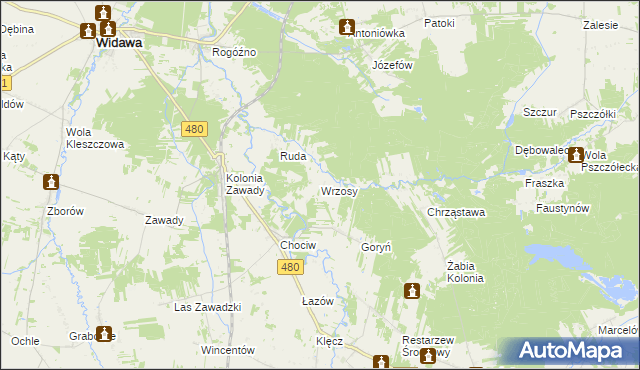 mapa Wrzosy gmina Widawa, Wrzosy gmina Widawa na mapie Targeo