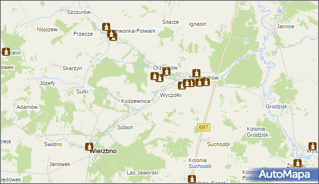 mapa Wyczółki gmina Wierzbno, Wyczółki gmina Wierzbno na mapie Targeo