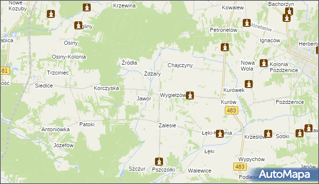 mapa Wygiełzów gmina Zelów, Wygiełzów gmina Zelów na mapie Targeo
