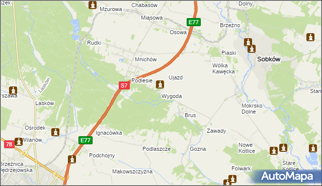 mapa Wygoda gmina Jędrzejów, Wygoda gmina Jędrzejów na mapie Targeo