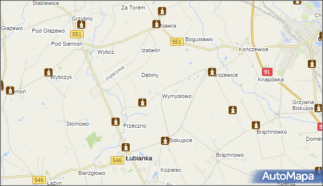 mapa Wymysłowo gmina Łubianka, Wymysłowo gmina Łubianka na mapie Targeo