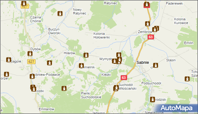 mapa Wymysły gmina Sabnie, Wymysły gmina Sabnie na mapie Targeo