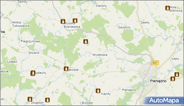 mapa Wyrębiska gmina Pieniężno, Wyrębiska gmina Pieniężno na mapie Targeo