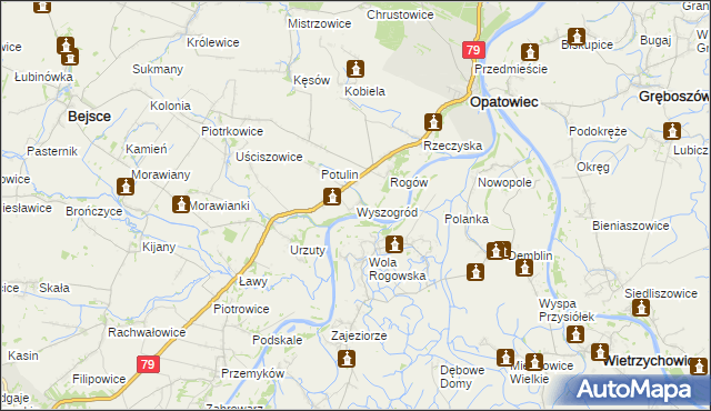 mapa Wyszogród gmina Opatowiec, Wyszogród gmina Opatowiec na mapie Targeo