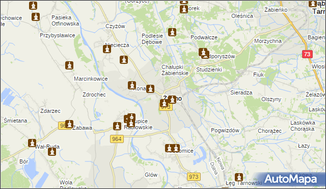 mapa Żabno powiat tarnowski, Żabno powiat tarnowski na mapie Targeo