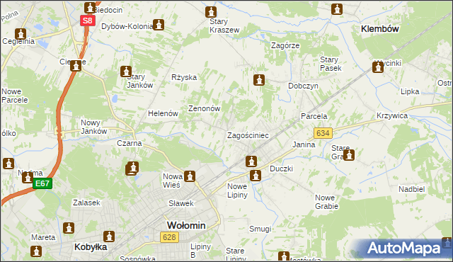 mapa Zagościniec gmina Wołomin, Zagościniec gmina Wołomin na mapie Targeo