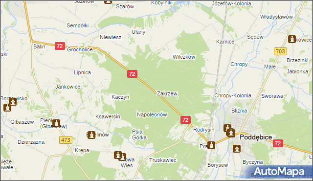mapa Zakrzew gmina Poddębice, Zakrzew gmina Poddębice na mapie Targeo