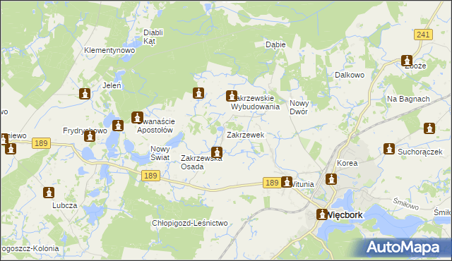 mapa Zakrzewek gmina Więcbork, Zakrzewek gmina Więcbork na mapie Targeo