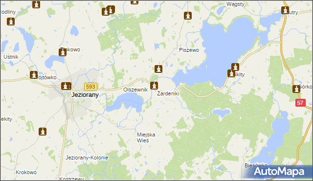 mapa Żardeniki gmina Jeziorany, Żardeniki gmina Jeziorany na mapie Targeo