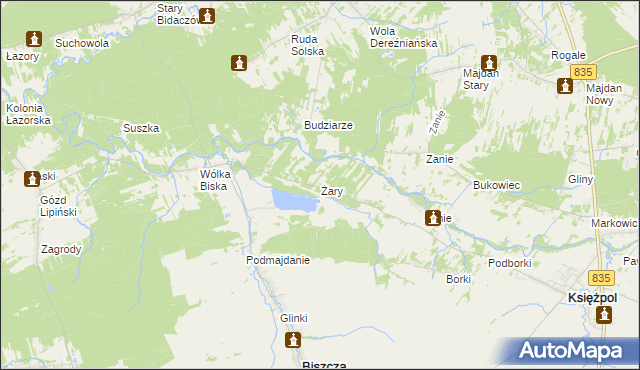 mapa Żary gmina Biszcza, Żary gmina Biszcza na mapie Targeo