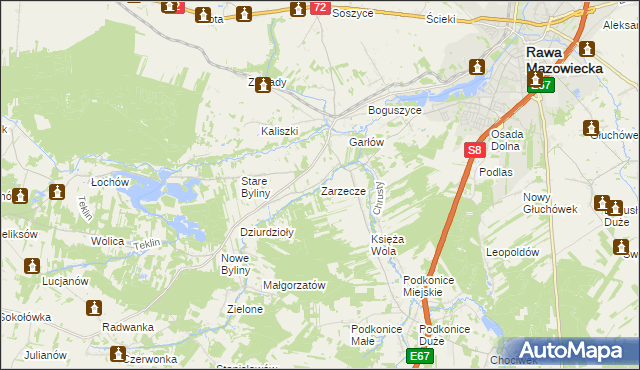 mapa Zarzecze gmina Rawa Mazowiecka, Zarzecze gmina Rawa Mazowiecka na mapie Targeo